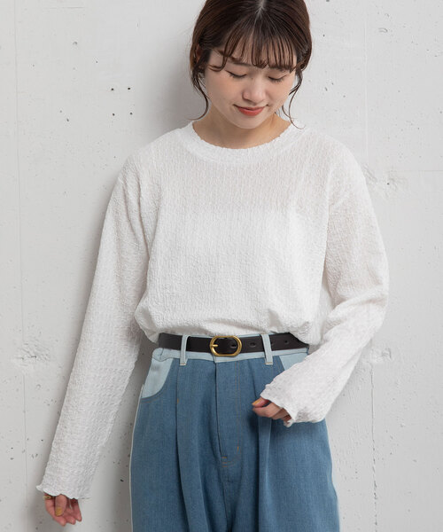 POU DOU DOU(プードゥドゥ)の「幾何学柄ふくれジャガードゆるトップス(Tシャツ/カットソー・レディース・ブラック/オフホワイト/イエロー/ライトグレー・M)」の16枚目の写真