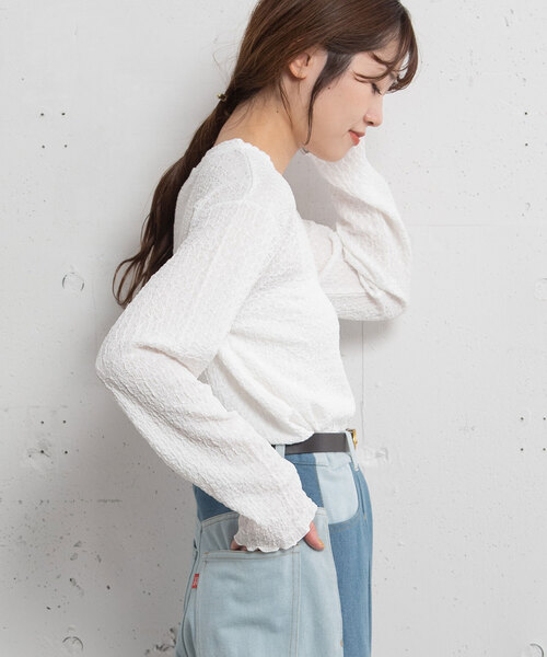 POU DOU DOU(プードゥドゥ)の「幾何学柄ふくれジャガードゆるトップス(Tシャツ/カットソー・レディース・ブラック/オフホワイト/イエロー/ライトグレー・M)」の17枚目の写真