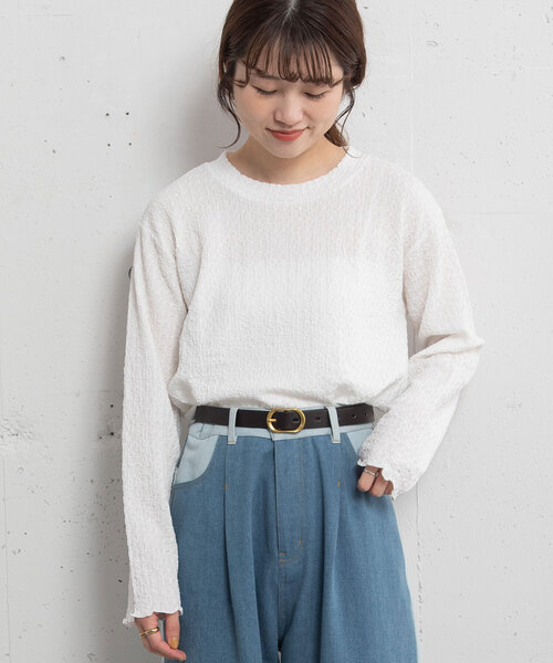 POU DOU DOU(プードゥドゥ)の「幾何学柄ふくれジャガードゆるトップス(Tシャツ/カットソー・レディース・ブラック/オフホワイト/イエロー/ライトグレー・M)」の19枚目の写真