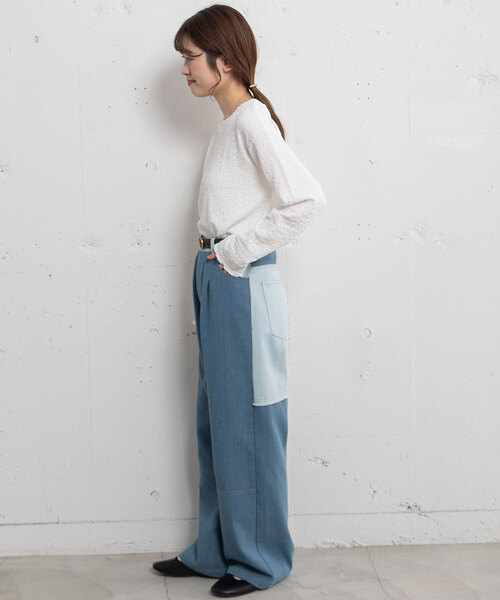 POU DOU DOU(プードゥドゥ)の「幾何学柄ふくれジャガードゆるトップス(Tシャツ/カットソー・レディース・ブラック/オフホワイト/イエロー/ライトグレー・M)」の21枚目の写真