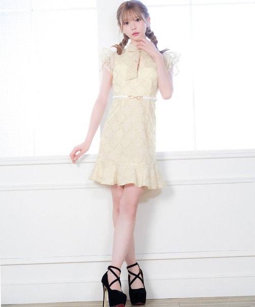 キャバドレスウエストベルト付きバストジップノースリーブネック