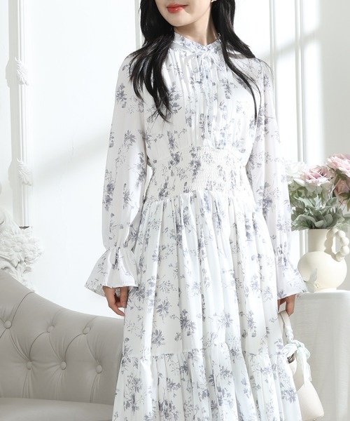 花柄 ウエスト シャーリング キャンディースリーブ ワンピース
