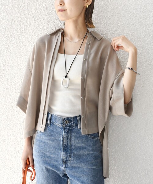 【シップス　ウィメン】〈手洗い可能〉麻調 メッシュ 半袖 ビッグ シャツ 手洗い可能〉麻調 メッシュ 半袖 ビッグ シャツ（シャツ