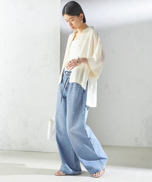 【シップス　ウィメン】〈手洗い可能〉麻調 メッシュ 半袖 ビッグ シャツ 手洗い可能〉麻調 メッシュ 半袖 ビッグ シャツ（シャツ