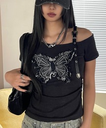 VQ | Butterfly Applique Short sleeve t-shirt / 蝶アップリケ 半袖Tシャツ / 左肩のレザーベルトがアクセント。(Tシャツ/カットソー)