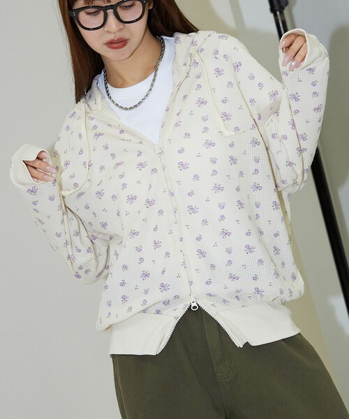 パーカー 「87」「JEMORGAN/ジェーイーモーガン」花柄 ワッフル ジップパーカー レディース JEMORGAN レディース ワッフル花柄フルジップパーカ | バック