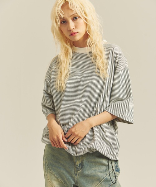 Healthknit(ヘルスニット)の「Healthknit NARROW BORDER JERSEY WIDE CREW NECK S/S TEE(Tシャツ/カットソー・メンズ・その他2/その他1・M/L/XL)」の2枚目の写真