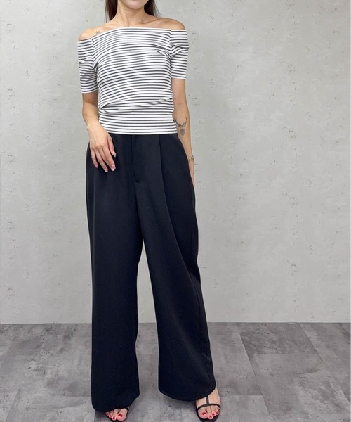 Per sist ence(パーシエンス)の「ボーダーリブオフショルトップス(Tシャツ/カットソー・レディース・アイボリー/ブラック/ブラウン/オフホワイト・FREE)」の10枚目の写真