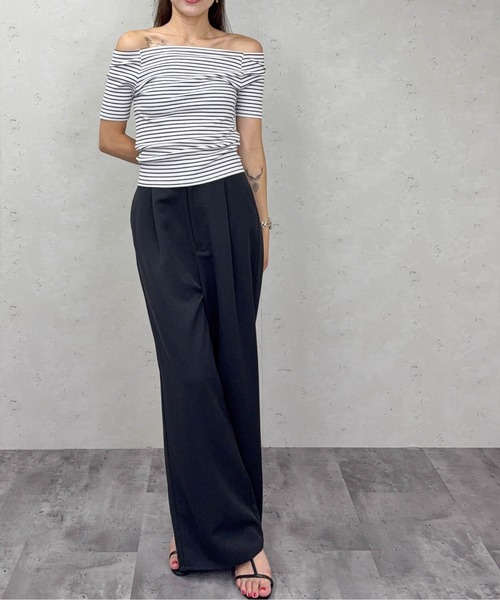 Per sist ence(パーシエンス)の「ボーダーリブオフショルトップス(Tシャツ/カットソー・レディース・アイボリー/ブラック/ブラウン/オフホワイト・FREE)」の12枚目の写真