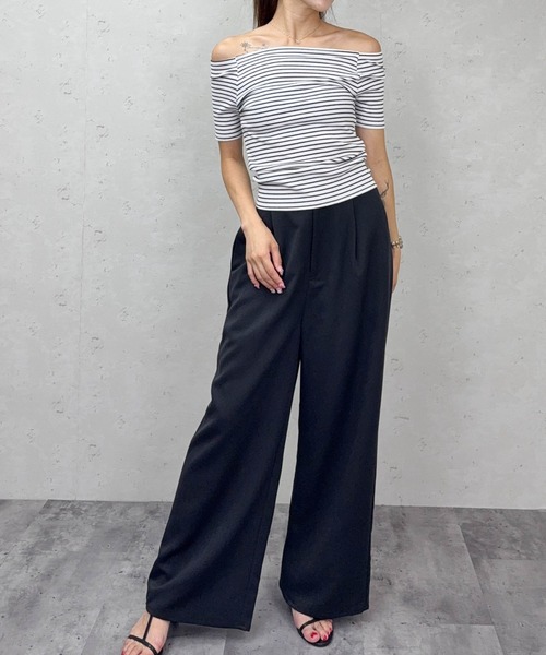Per sist ence(パーシエンス)の「ボーダーリブオフショルトップス(Tシャツ/カットソー・レディース・アイボリー/ブラック/ブラウン/オフホワイト・FREE)」の13枚目の写真