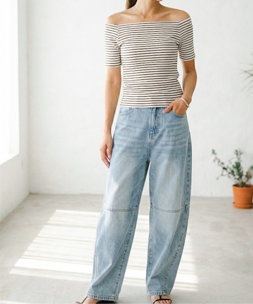 Per sist ence(パーシエンス)の「ボーダーリブオフショルトップス(Tシャツ/カットソー・レディース・アイボリー/ブラック/ブラウン/オフホワイト・FREE)」の21枚目の写真