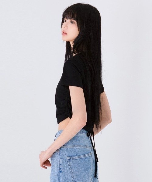 muahmuah（ムーアムーア）の「A'GEM/9 × .kom 『muah muah/ムーアムーア』STRING SILKET LOGO HALF T-SHIRT/ストリング シルケットロゴ半袖Tシャツ（Tシャツ/カットソー・レディース・ホワイト/ブラック・FREE）」の8枚目の写真