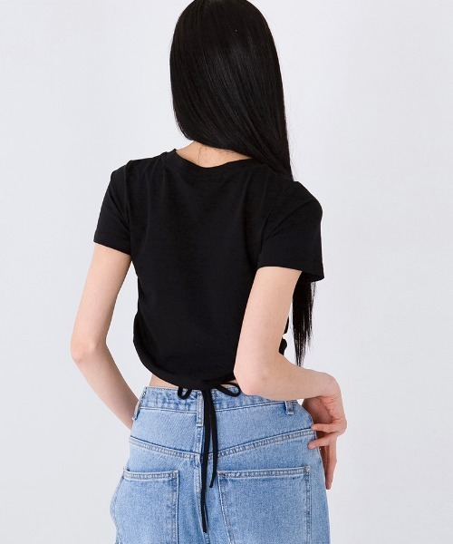 muahmuah（ムーアムーア）の「A'GEM/9 × .kom 『muah muah/ムーアムーア』STRING SILKET LOGO HALF T-SHIRT/ストリング シルケットロゴ半袖Tシャツ（Tシャツ/カットソー・レディース・ホワイト/ブラック・FREE）」の9枚目の写真