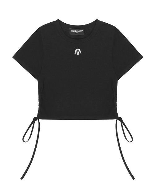 muahmuah（ムーアムーア）の「A'GEM/9 × .kom 『muah muah/ムーアムーア』STRING SILKET LOGO HALF T-SHIRT/ストリング シルケットロゴ半袖Tシャツ（Tシャツ/カットソー・レディース・ホワイト/ブラック・FREE）」の14枚目の写真
