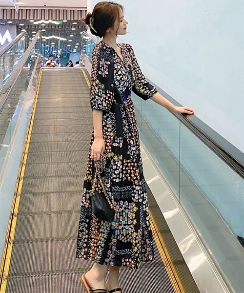 カシュクール ワンピース ポルカドット 半袖 ロング 韓国 cr8620 大人気！カシュクールドット柄着痩せデートワンピース 韓国