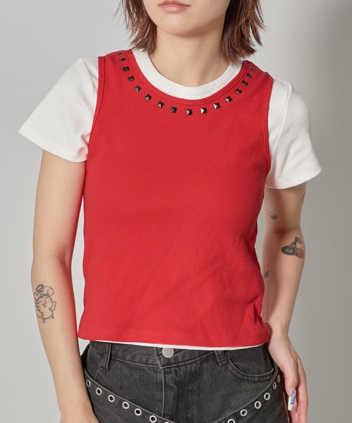 FTW(エフティダブリュー)の「2IN1 STUDS LAYARD TOP(Tシャツ/カットソー・レディース・ホワイト系その他/オフホワイト/ライトブルー・MEDIUM/SMALL)」の1枚目の写真