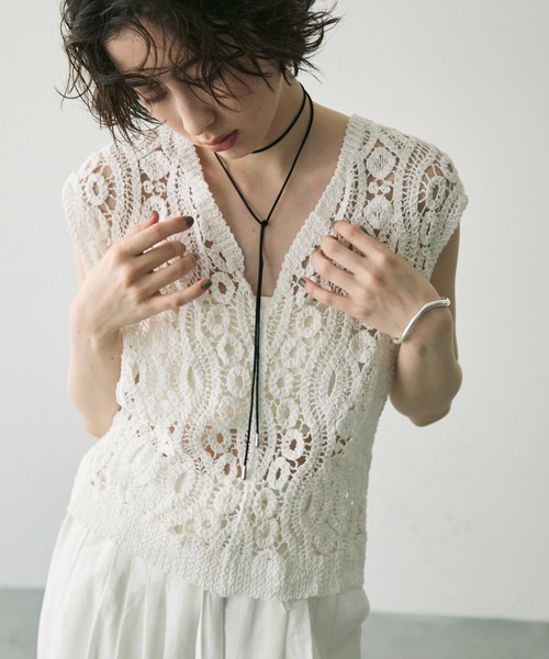 HYSTERIC◆23SS/ワッペン手編みプルオーバー/半袖クロップドクロシェニット/01232NS01918 透かし編み ニットトップス レディース サマーニット レイヤード