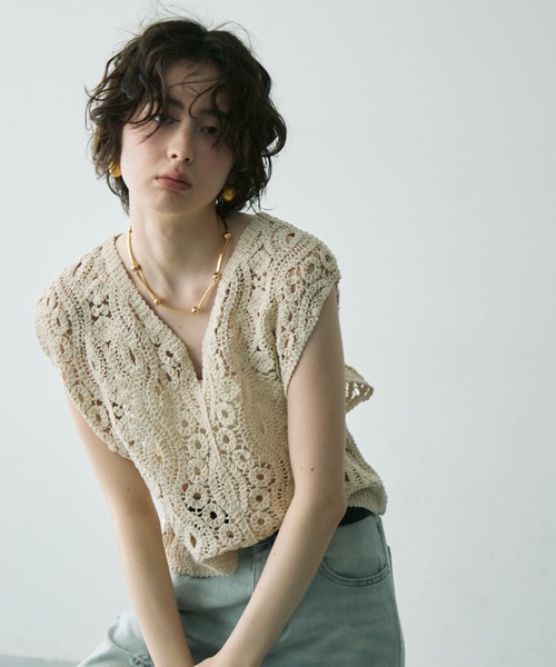 ニット・セーター HUECLOSET Pesto Belloa Spring Vintage Knit SE228 クロシェ編みV開きプルオーバー(ニット/セーター)|Trish
