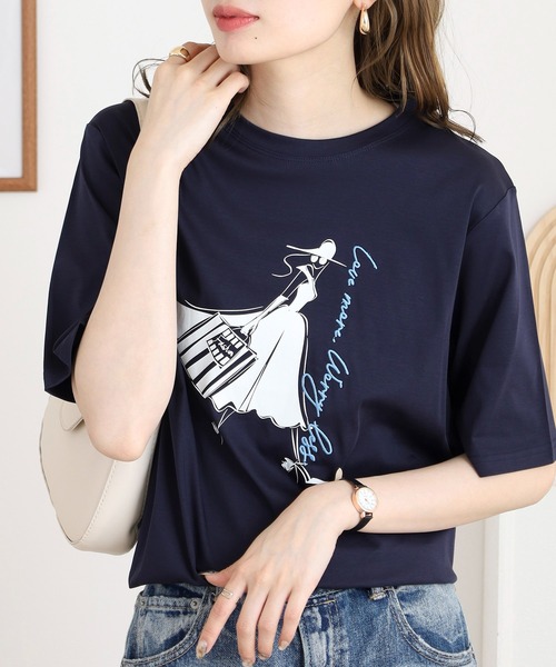 BRODIAEA(ブローディア)の「BRODIAEA ウーマンプリント半袖Tシャツ(Tシャツ/カットソー・レディース・ベージュ/サックスブルー/オフホワイト/ネイビー・40)」の3枚目の写真