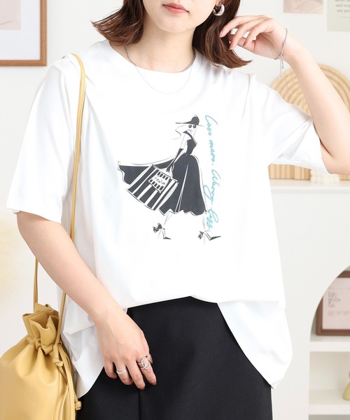 BRODIAEA(ブローディア)の「BRODIAEA ウーマンプリント半袖Tシャツ(Tシャツ/カットソー・レディース・ベージュ/サックスブルー/オフホワイト/ネイビー・40)」の1枚目の写真