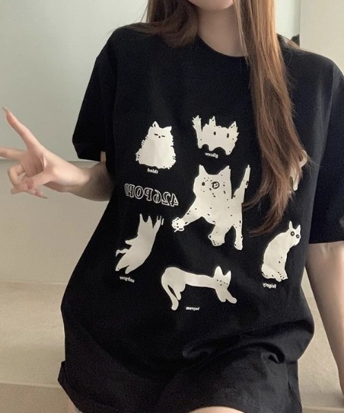 セール】黒猫＆犬プリントTシャツ（Tシャツ/カットソー）｜Achic