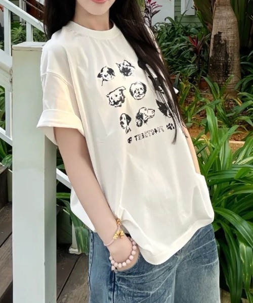 Achic(アシック)の「黒猫&犬プリントTシャツ(Tシャツ/カットソー・レディース・ホワイト系その他2/ブラック/ホワイト系その他/ホワイト・M)」の7枚目の写真
