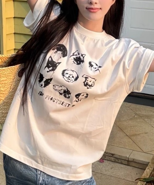 Achic(アシック)の「黒猫&犬プリントTシャツ(Tシャツ/カットソー・レディース・ホワイト系その他2/ブラック/ホワイト系その他/ホワイト・M)」の8枚目の写真