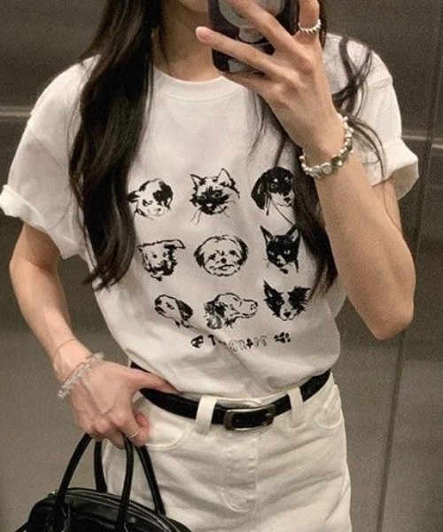 Achic(アシック)の「黒猫&犬プリントTシャツ(Tシャツ/カットソー・レディース・ホワイト系その他2/ブラック/ホワイト系その他/ホワイト・M)」の10枚目の写真