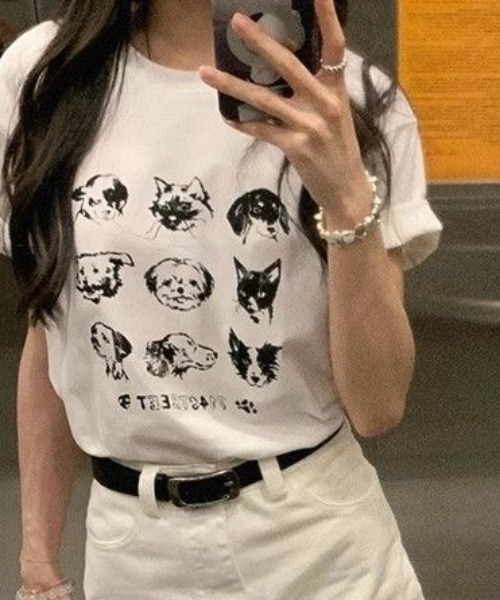 Achic(アシック)の「黒猫&犬プリントTシャツ(Tシャツ/カットソー・レディース・ホワイト系その他2/ブラック/ホワイト系その他/ホワイト・M)」の11枚目の写真