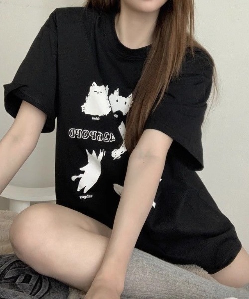 Achic(アシック)の「黒猫&犬プリントTシャツ(Tシャツ/カットソー・レディース・ホワイト系その他2/ブラック/ホワイト系その他/ホワイト・M)」の16枚目の写真