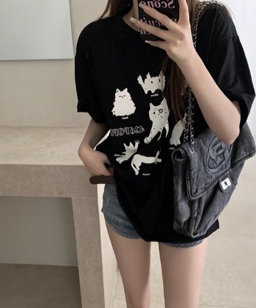 Achic(アシック)の「黒猫&犬プリントTシャツ(Tシャツ/カットソー・レディース・ホワイト系その他2/ブラック/ホワイト系その他/ホワイト・M)」の18枚目の写真