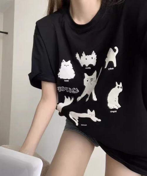 セール】黒猫＆犬プリントTシャツ（Tシャツ/カットソー）｜Achic