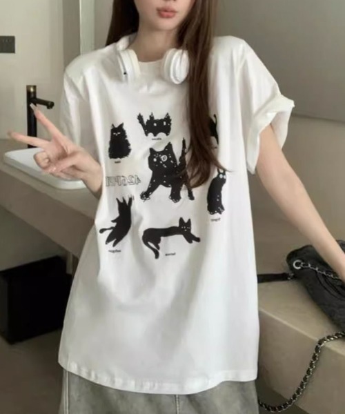 セール】黒猫＆犬プリントTシャツ（Tシャツ/カットソー）｜Achic