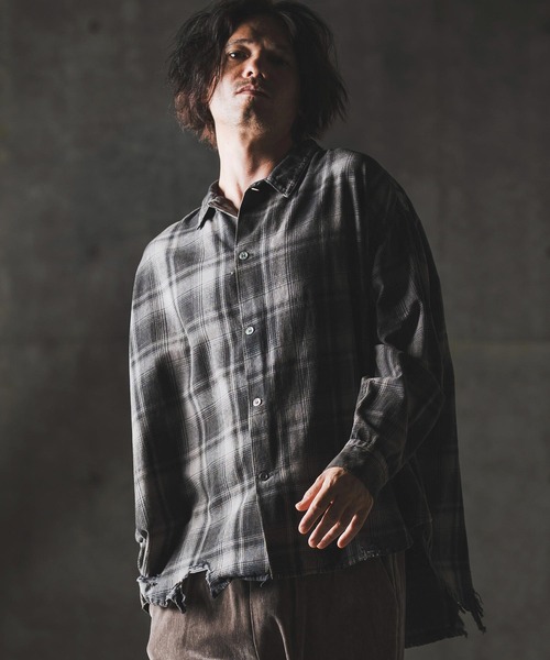 GLIMCLAP(グリムクラップ)の「ms6162-Ripped viyella plaid shirt チェックシャツ(シャツ/ブラウス・メンズ・ブルー/ブラック・S/M/L)」の3枚目の写真