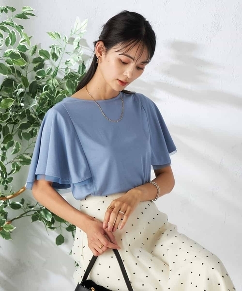 a.v.v(アーヴェヴェ)の「【接触冷感/UVカット/吸水速乾】チュールラッフルスリーブカットソー(Tシャツ/カットソー・レディース・ダークインディゴブルー/グレー系その他/ブラック・34/36/38/40/42)」の10枚目の写真