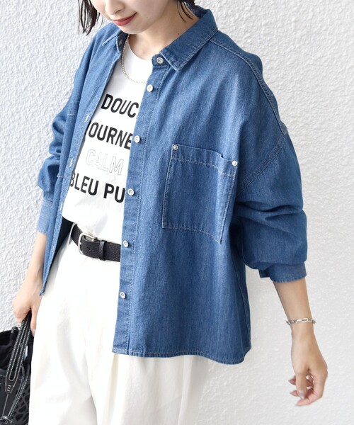 chia ◡̈♡です★美品★24AW ライトオンスデニムシャツ 洗濯機可能〉ライトオンス デニム ショート シャツ（シャツ/ブラウス