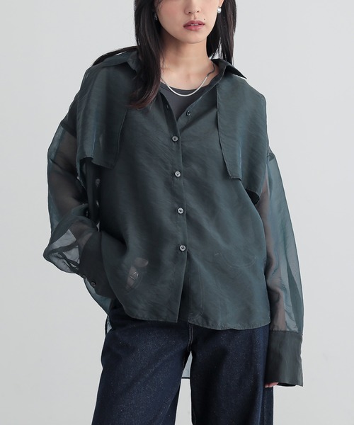 n'OrLABEL（ノアールレーベル）の「『シャンブレーシアーシャツ』（シャツ/ブラウス・レディース・ライトグレー/ブラック/ブラウン/グリーン・FREE）」の4枚目の写真