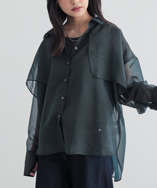 n'OrLABEL（ノアールレーベル）の「『シャンブレーシアーシャツ』（シャツ/ブラウス・レディース・ライトグレー/ブラック/ブラウン/グリーン・FREE）」の5枚目の写真