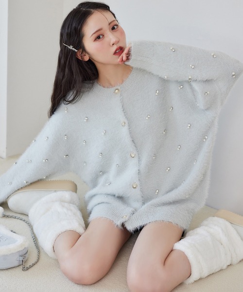 NICE CLAP ビジューフェザーロングカーディガン premium order】ビジューフェザーロングカーディガン