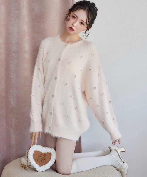 NICE CLAP ビジューフェザーロングカーディガン premium order】ビジューフェザーロングカーディガン