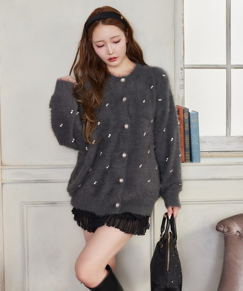 新色追加】ビジューフェザーロングカーディガン（カーディガン/ボレロ