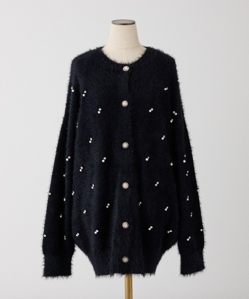 ビジューフェザーロングカーディガン アイボリー タグ付き premium order】ビジューフェザーロングカーディガン