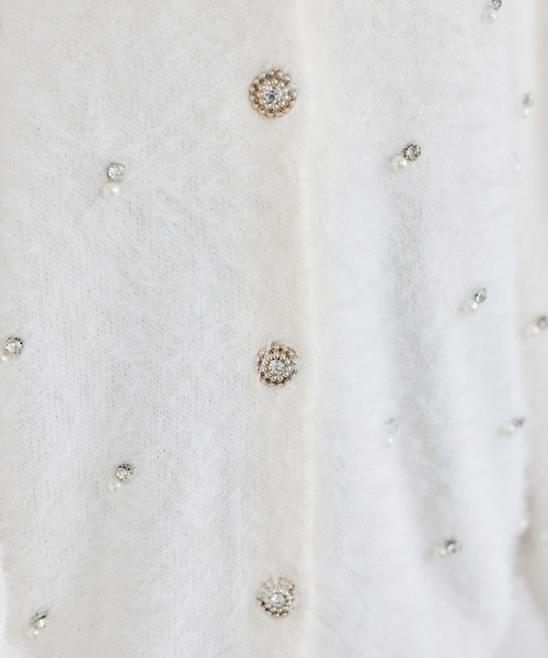 ビジューフェザーロングカーディガン アイボリー タグ付き premium order】ビジューフェザーロングカーディガン