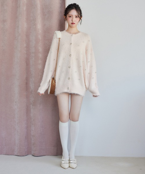 ビジューフェザーロングカーディガン アイボリー タグ付き premium order】ビジューフェザーロングカーディガン