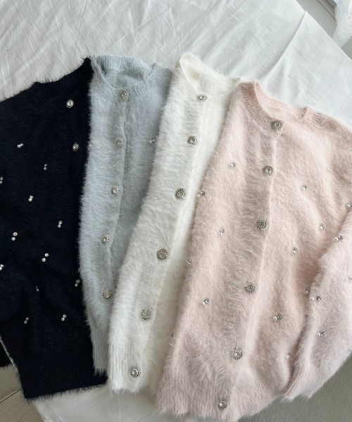 新色追加】ビジューフェザーロングカーディガン（カーディガン/ボレロ