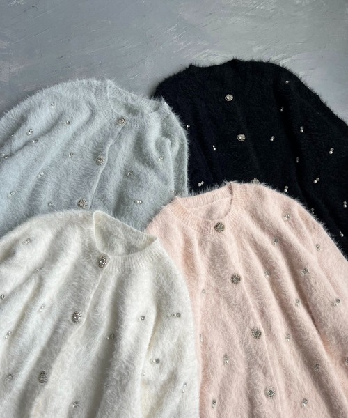 新色追加】ビジューフェザーロングカーディガン（カーディガン/ボレロ