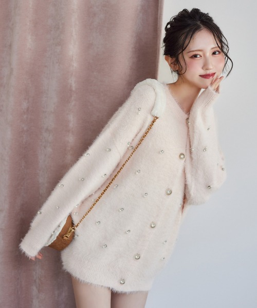 NICE CLAP ビジューフェザーロングカーディガン 新色追加】ビジューフェザーロングカーディガン（カーディガン/ボレロ