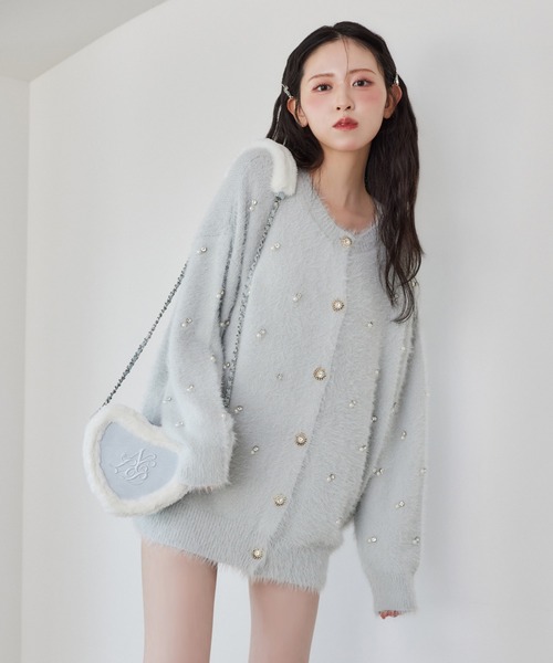 新色追加】ビジューフェザーロングカーディガン（カーディガン/ボレロ