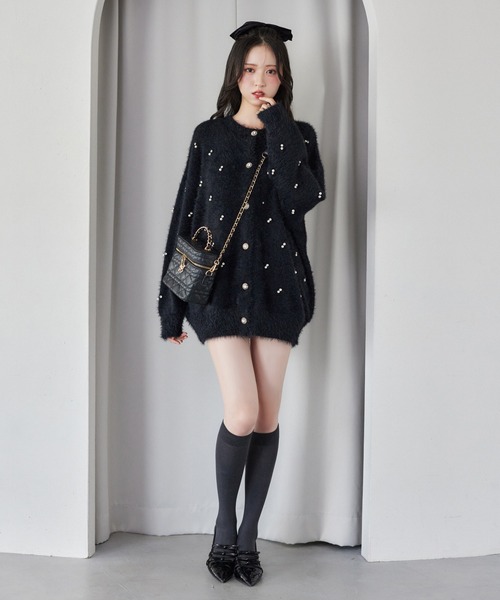NICE CLAP ビジューフェザーロングカーディガン premium order】ビジューフェザーロングカーディガン