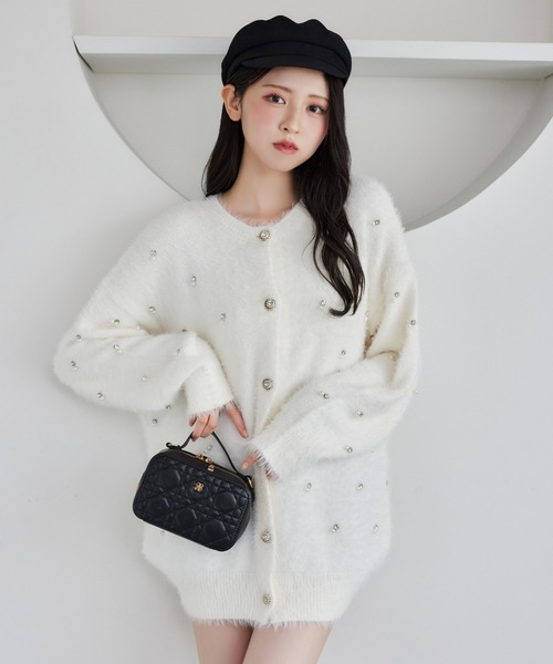 セール】【新色追加】ビジューフェザーロングカーディガン